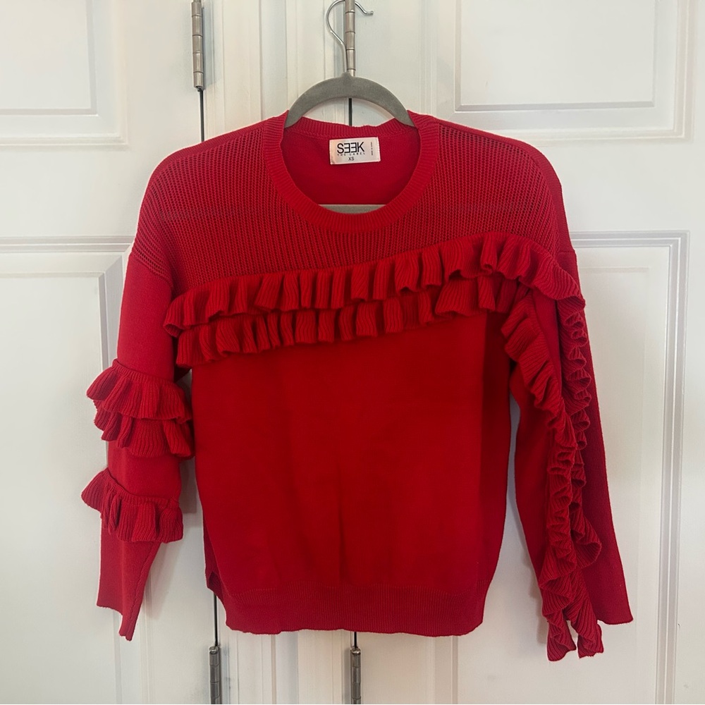 Seek the Label Red Ruffle Detail Knit Sweater